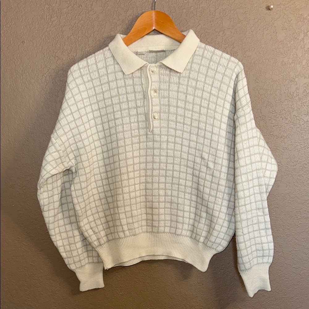 Men's Vintage Cream Sweater with Grid Pattern